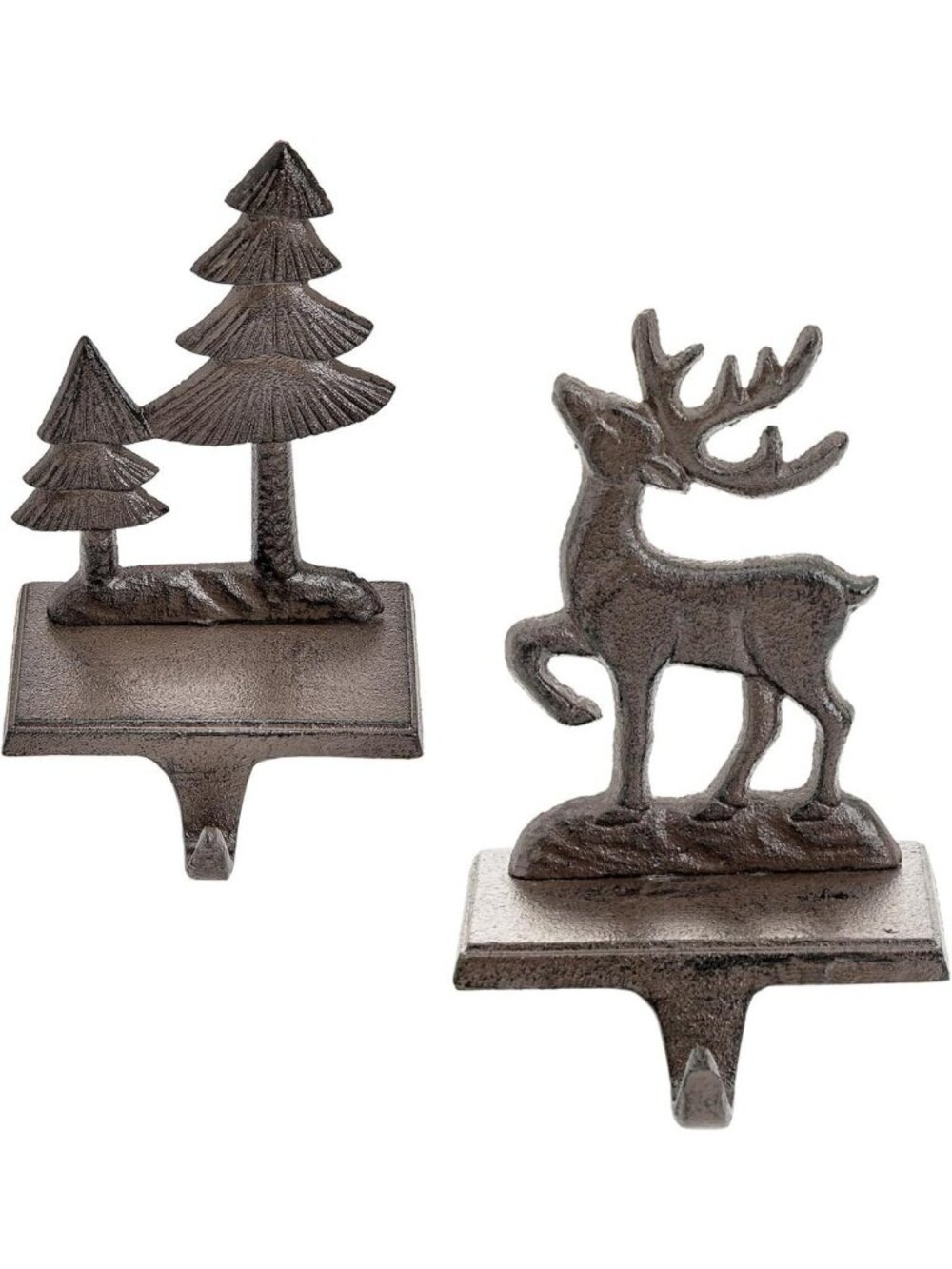 Set of 2 Cast Iron Christmas Stocking Holders - Tree & Reindeer Designs